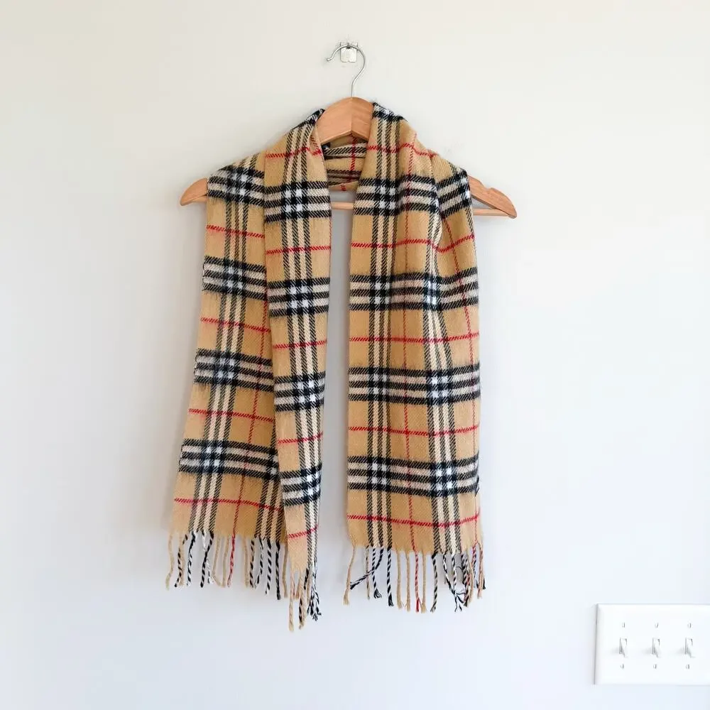 Burberry Nova Checkered Pattern Fringe Rectangle Scarf Brown One Size